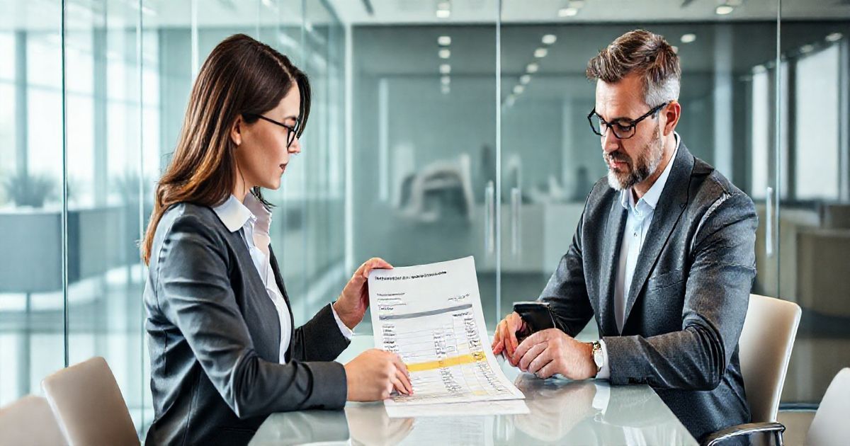 Financial advisor and borrower at a conference table reviewing loan documents and a calculator as they calculate prepayment penalties and discuss ways to avoid them