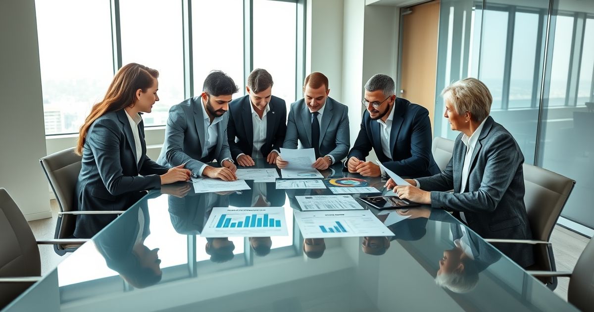 Financial advisors and client discussing tax levy prevention strategies around a conference table in a modern office.