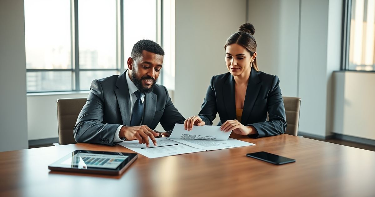 Borrower and attorney reviewing a loan document in a modern office during a settlement discussion with a lender representative.