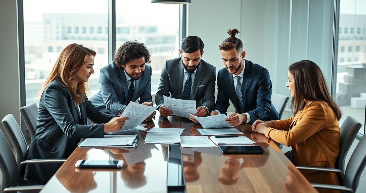 Group of diverse financial professionals analyzing documents for filing back taxes in a modern office