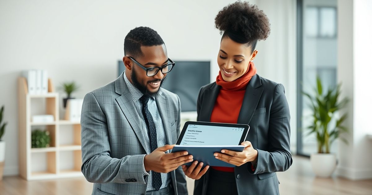 Tax professional pointing to address details on a digital tablet during client consultation in a modern office