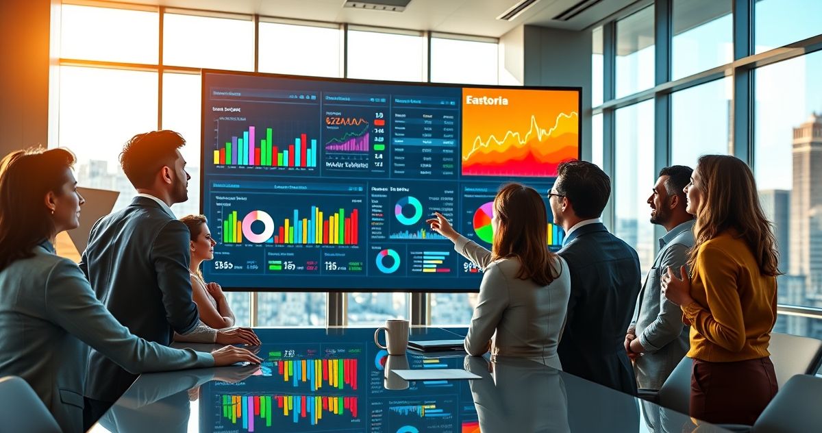 Diverse professionals analyzing financial charts on a digital screen in a sleek conference room