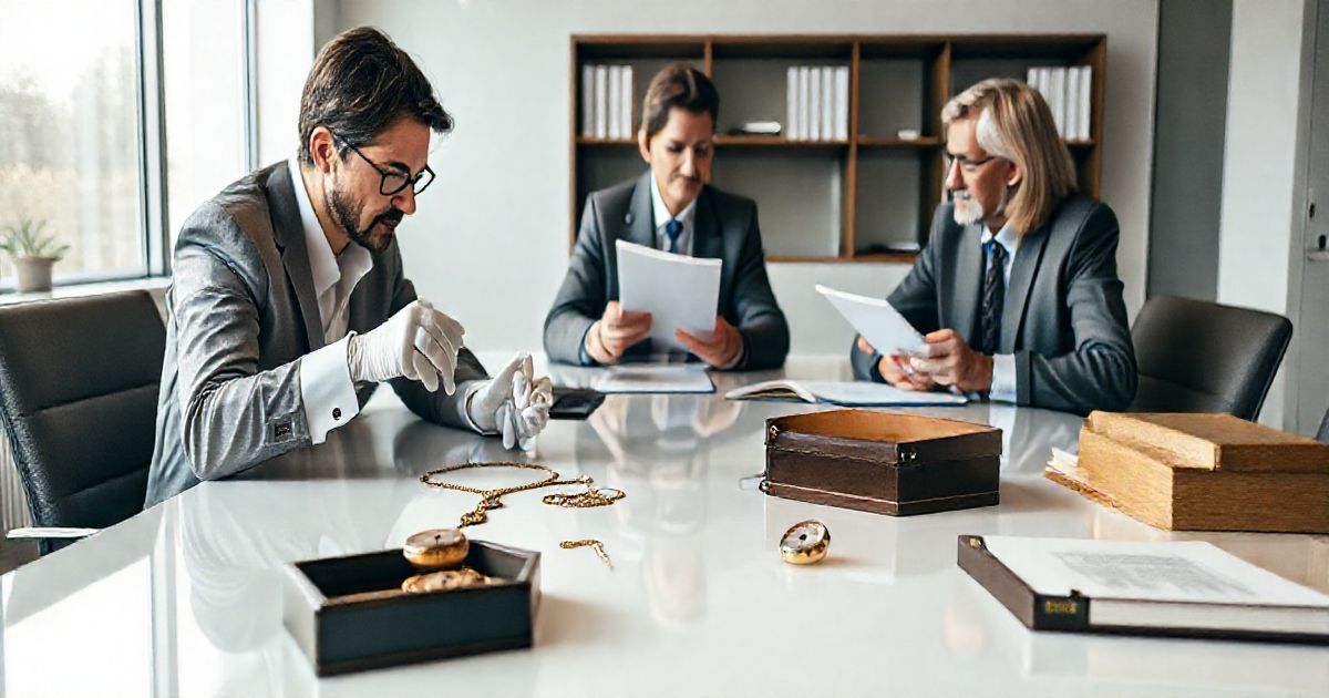 Appraiser examines antique necklace and pocket watch as advisor discusses legacy planning with heirs in a modern office