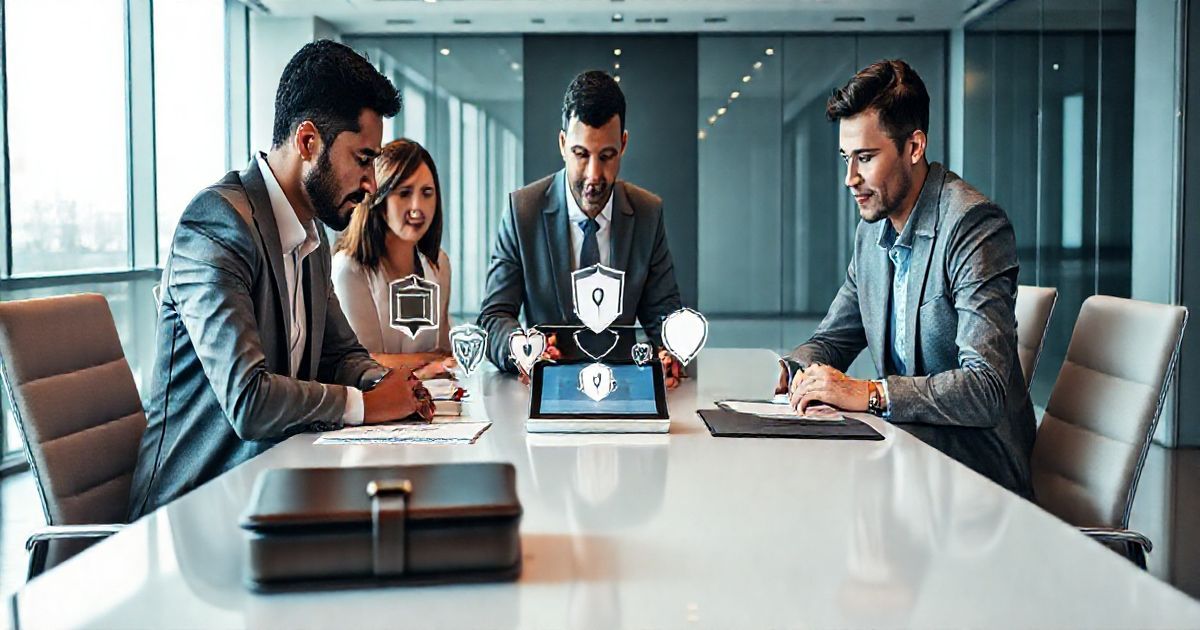 Diverse professionals review a tablet showing a secure vault and layered shields representing patents trademarks copyrights and trade secrets in a modern conference room