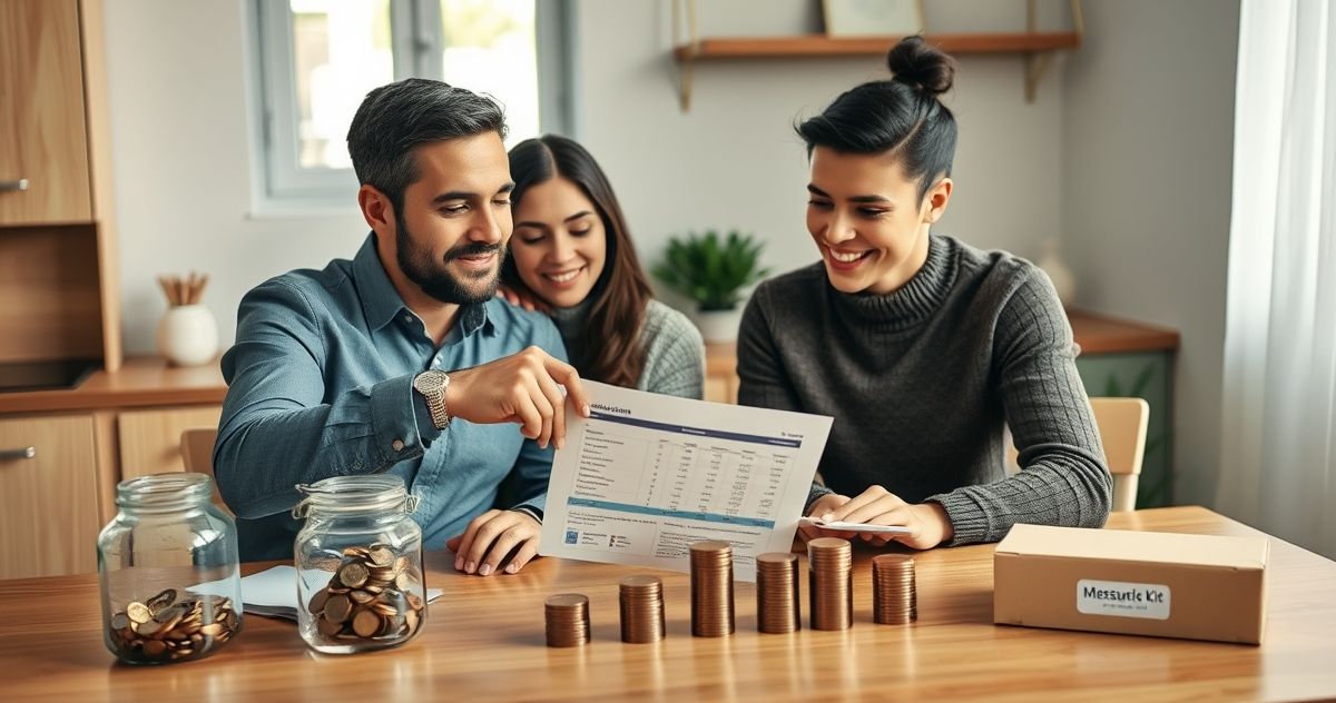 Financial advisor guiding a couple at a kitchen table as they reorganize coins and review a simple allocation chart to rebuild emergency savings