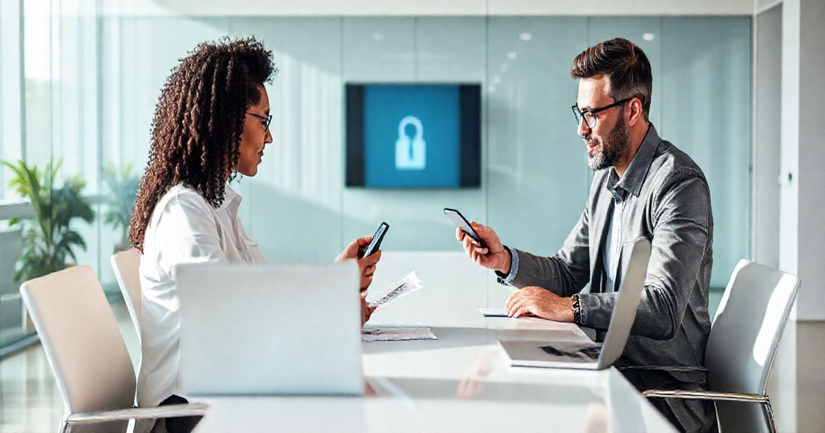Tax advisor and taxpayer reviewing ID and tax forms while preparing to scan and upload documents in a modern office