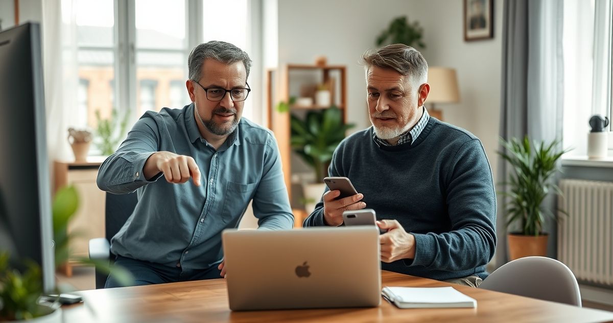 IT security specialist guides a client at a home office desk to secure a laptop after a fake tech support call. The specialist points at the laptop screen while the client holds a phone and a blurred notepad sits nearby.