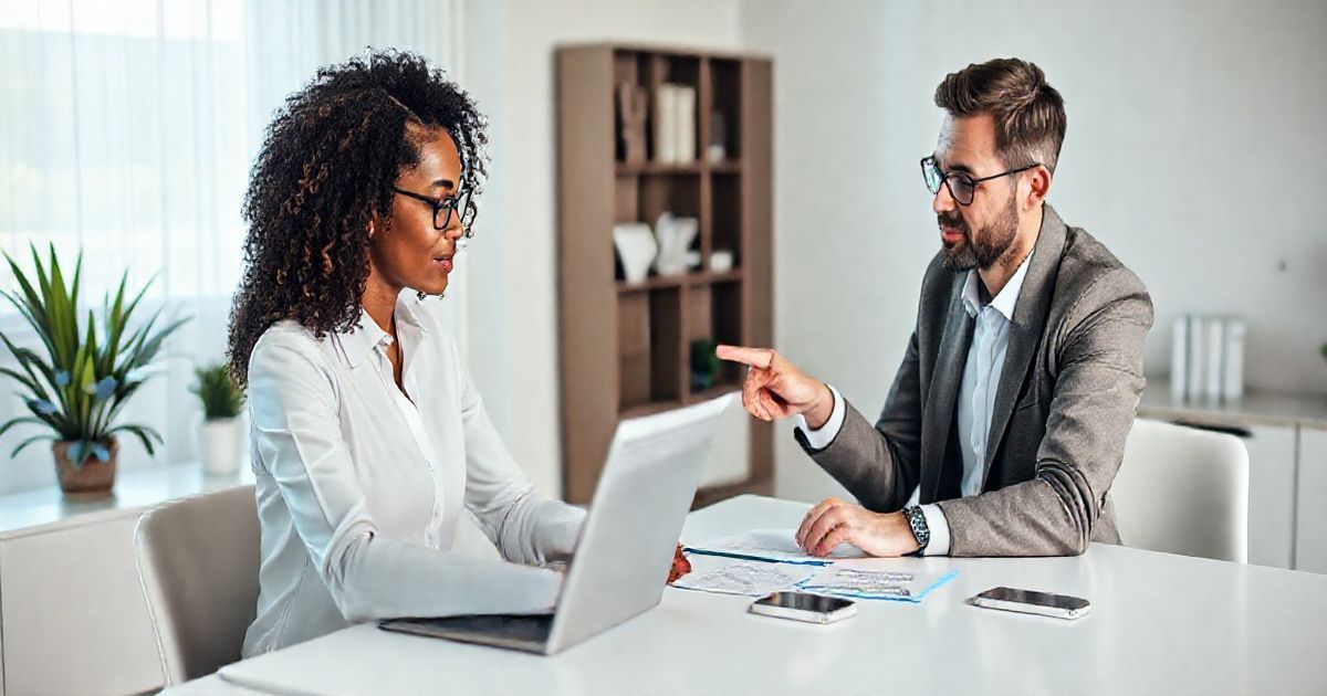 Two diverse adults at a minimalist desk in a modern home office one typing on a laptop while the other points to the screen with documents and a smartphone nearby illustrating submitting an online scam report