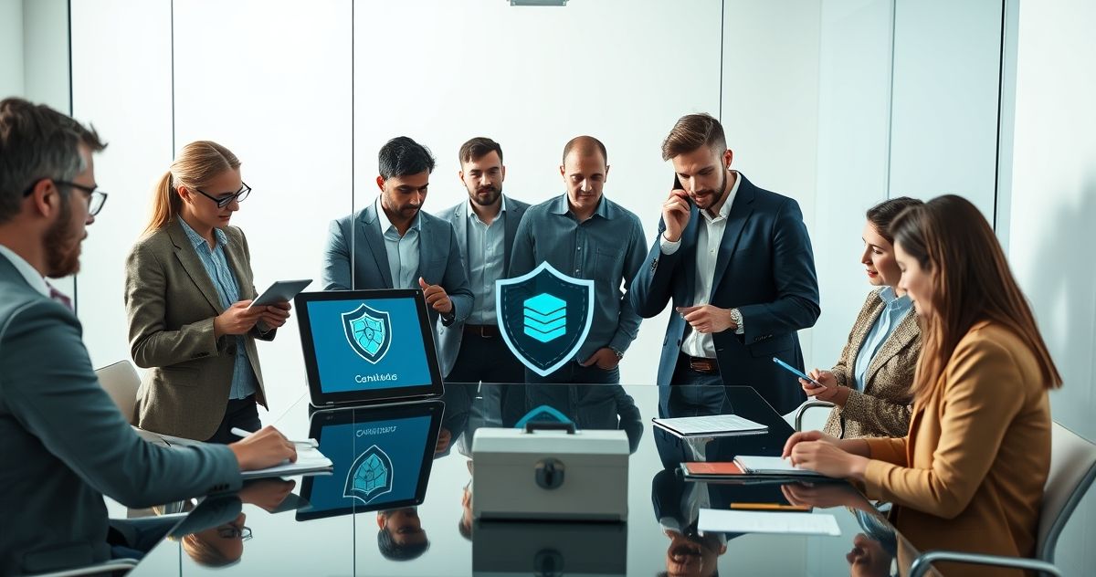 Entrepreneurs and advisors around a conference table reviewing a tablet with a layered shield graphic and a lockbox representing financial and non financial safeguards