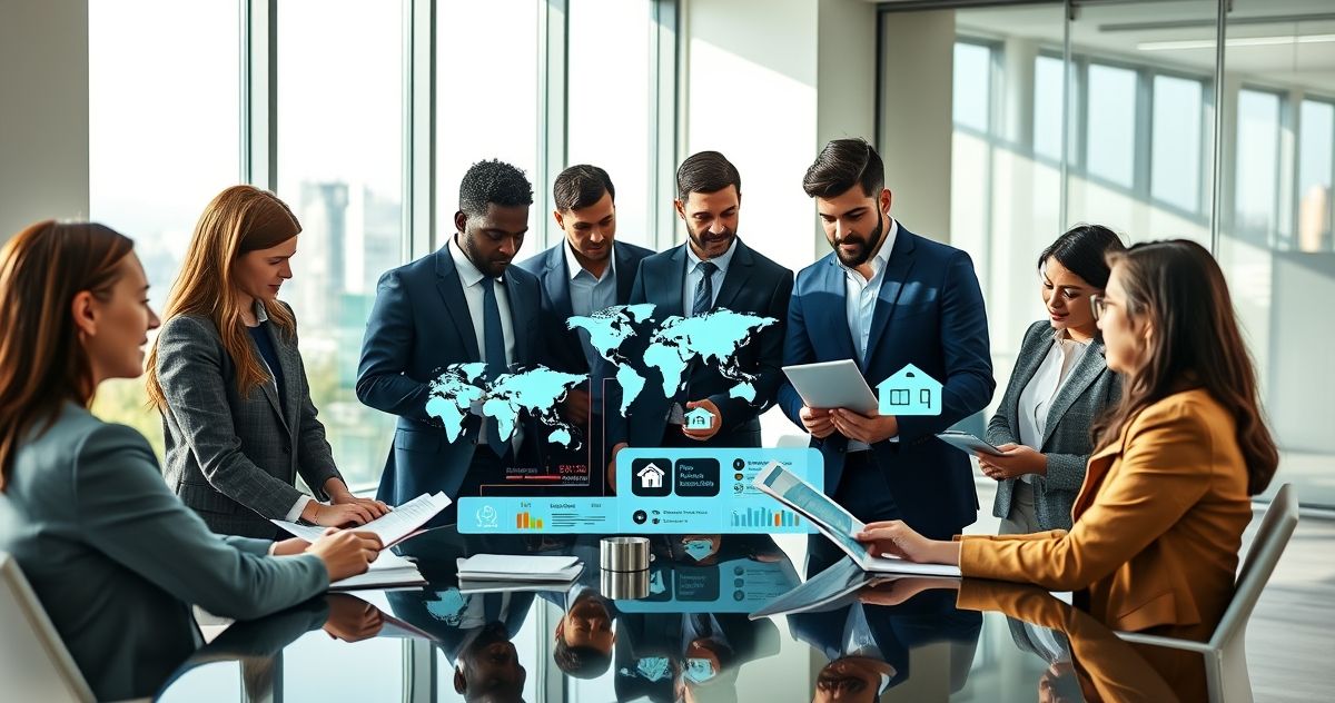 Financial professionals discussing residency and domicile concepts with maps and home icons in a bright corporate meeting room
