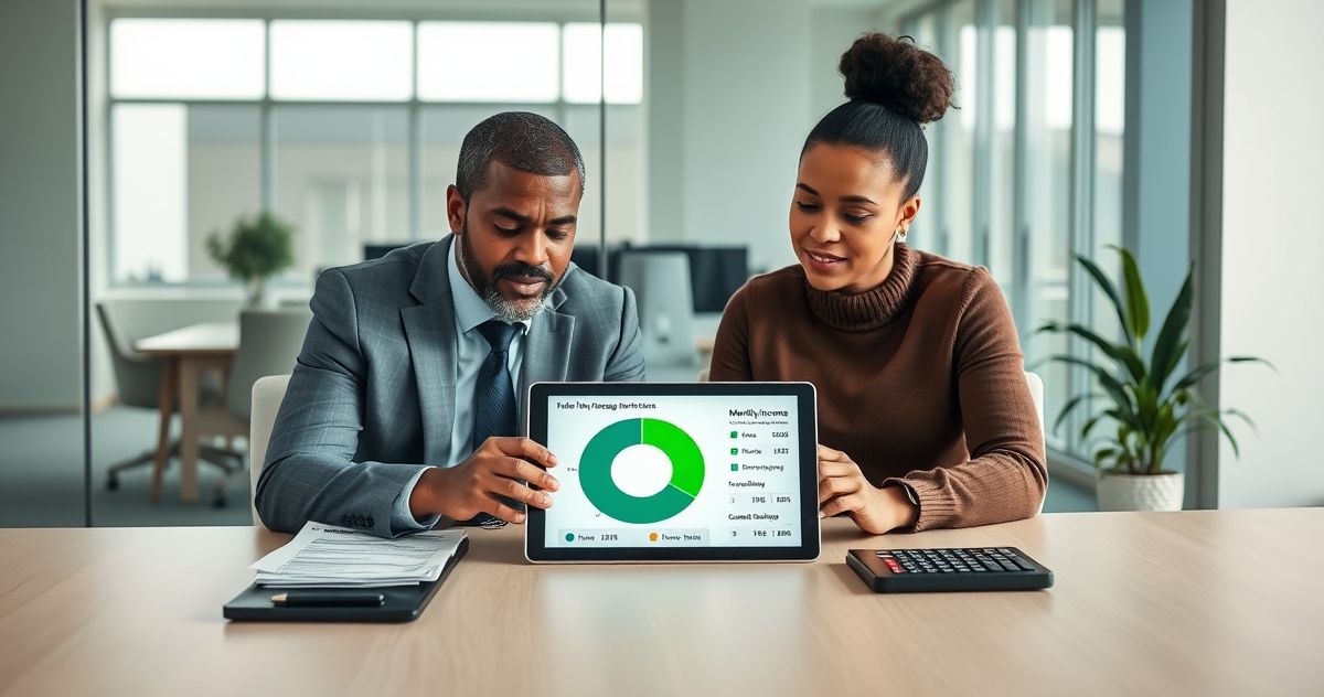 Loan officer and borrower reviewing a tablet showing a budget chart with a highlighted remaining balance at a clean office table.