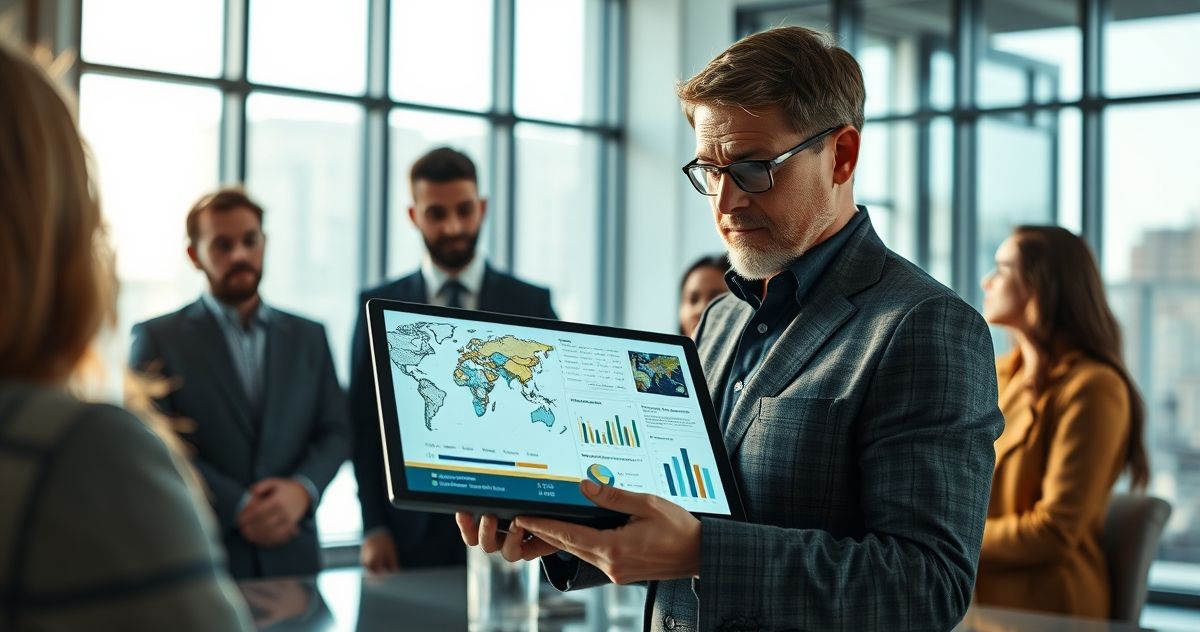 Professional analyzing natural resource depletion data on a digital tablet with a diverse team in a corporate meeting room