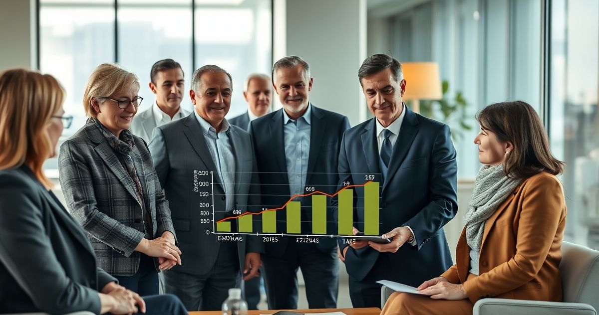 Financial advisor explaining steady retirement income plan to diverse seniors in modern office