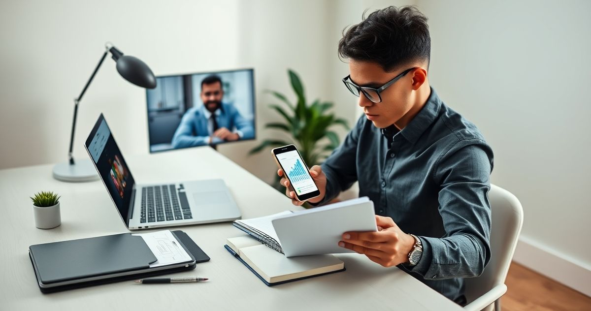 A diverse solo contract worker at a tidy home desk on a video call with a financial advisor while checking a savings chart on a smartphone and writing budget notes