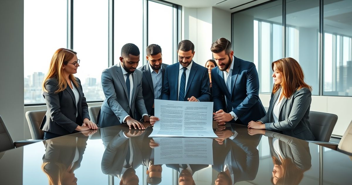 Professionals reviewing a financial agreement in a contemporary meeting room