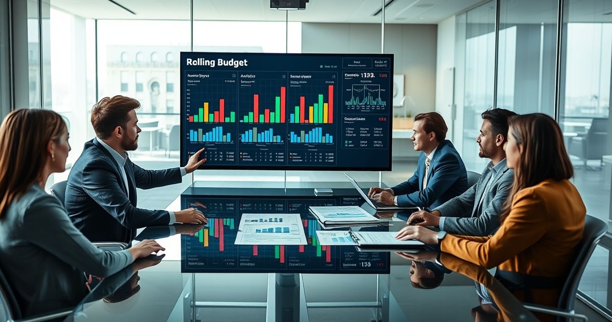 Finance team updating a 12 month rolling budget dashboard, analyst adds a new month on a touchscreen monitor, colleagues review actuals versus forecast on laptops and charts