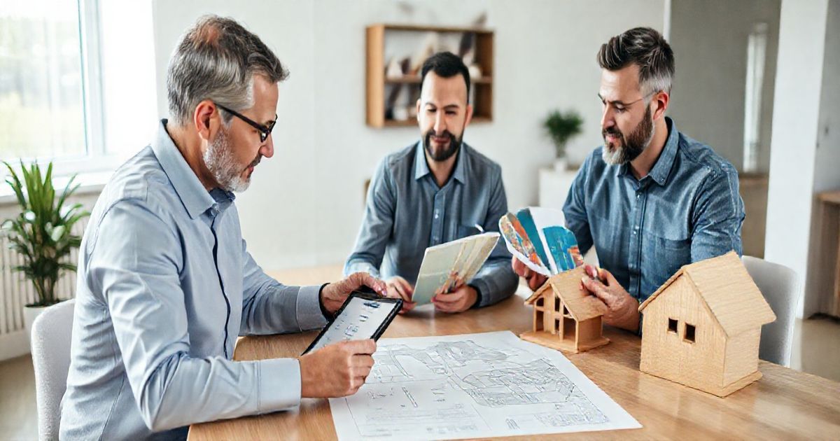 Homeowner, financial advisor, and contractor reviewing a tablet and house blueprint at a minimalist conference table with paint swatches and a wooden house model