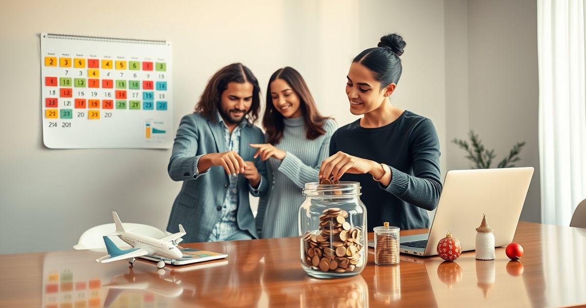 A couple and a financial advisor planning seasonal expenses at a desk with a calendar, a laptop budget chart, and a savings jar with an airplane model and holiday ornament