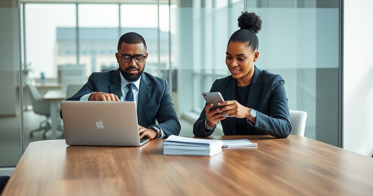 Advisor and client arranging short term cash moves on a laptop and smartphone in a modern office