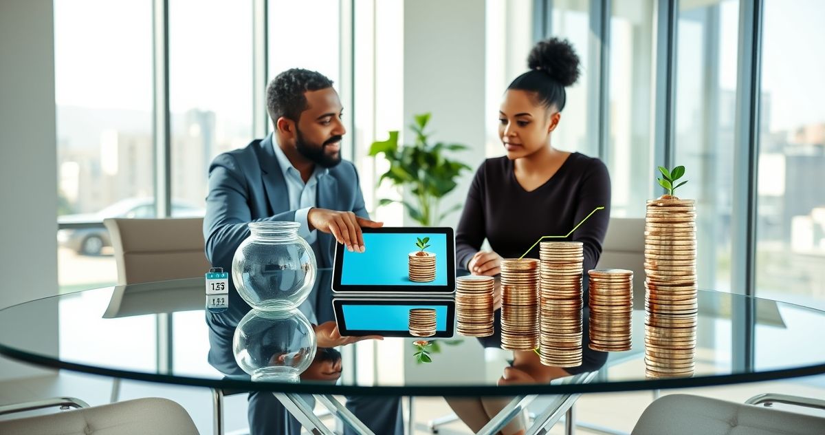 Financial advisor pointing to a tablet that displays a glass cash jar with a calendar icon on one side and stacked coins with a growing sapling and upward chart on the other to illustrate short term and long term strategies