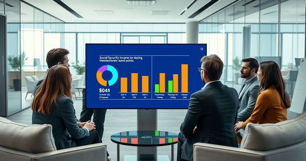 Financial advisors analyzing segmented charts of Social Security bend points in a modern office.
