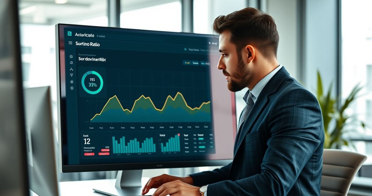 Financial analyst examining a digital dashboard focused on Sortino Ratio and downside risk graph in a modern office setting