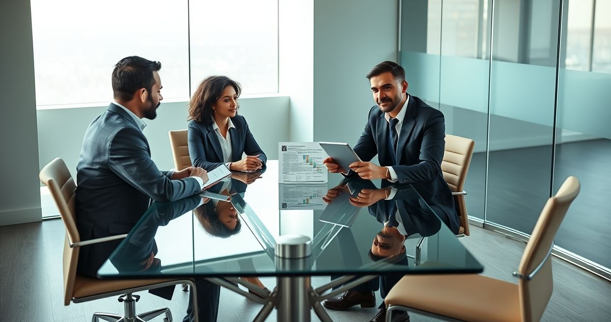 Married couple meeting a tax attorney in a modern office reviewing a tax notice and a tablet with relief options