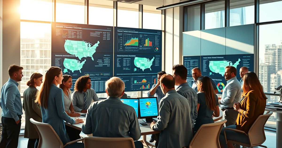 Professionals collaborating over digital maps highlighting state tax jurisdictions for remote workers