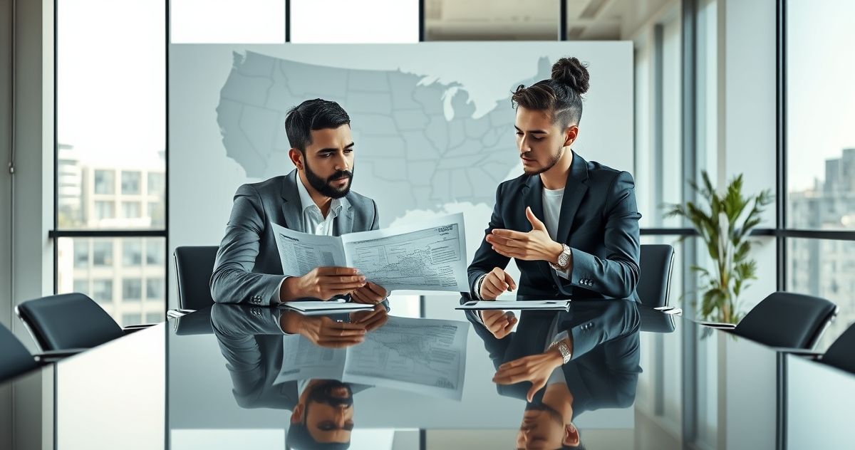 Two professionals discussing state tax reciprocity with a map of adjoining states in a modern office.
