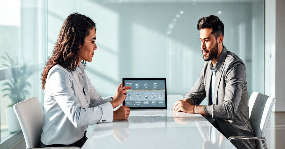 Financial advisor explaining income driven repayment plan to a young diverse couple over a tablet showing a timeline and icons in a modern office