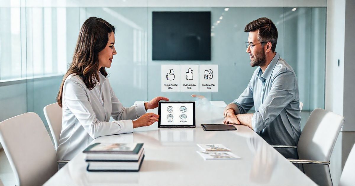 Insurance advisor showing a tablet with three icons to a diverse couple with documents and cash on a clean conference table