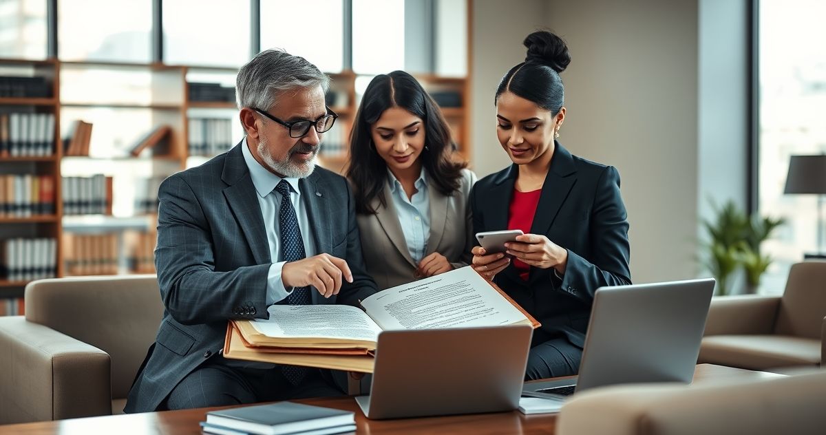 Tax attorney advising a diverse couple as they review annotated court opinions and a laptop in a modern office