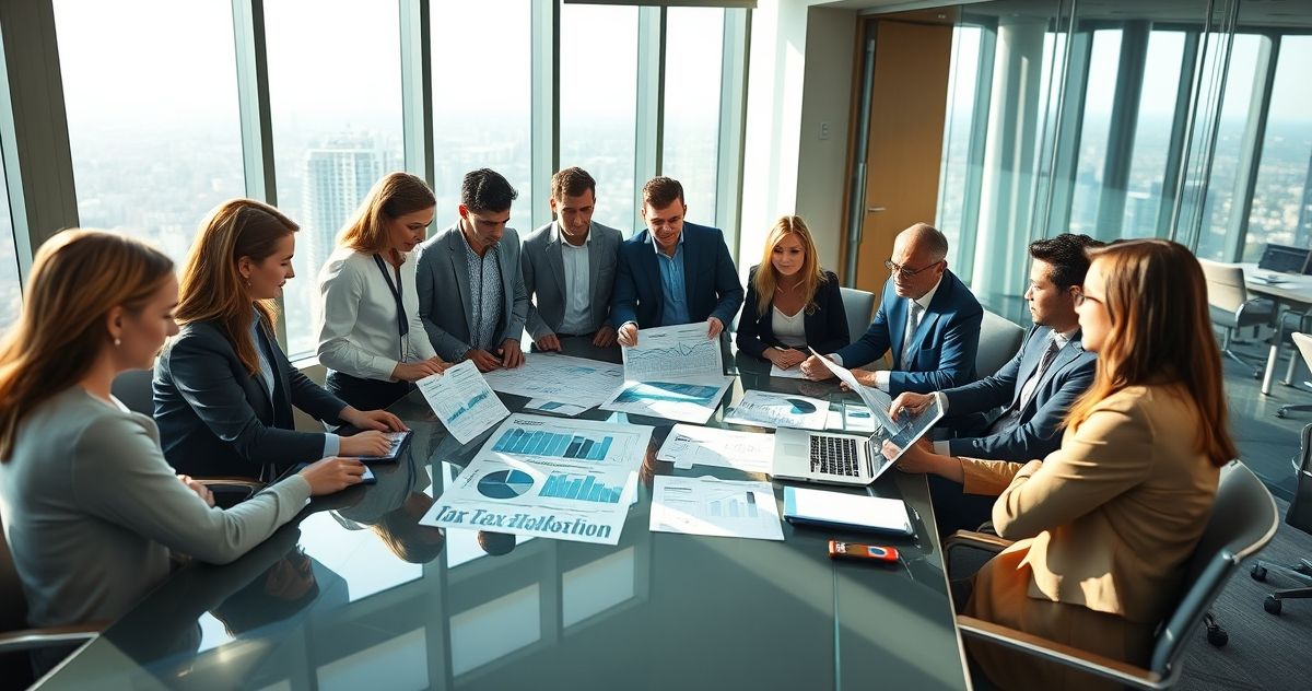 Professionals discussing tax equity in a modern boardroom with financial documents