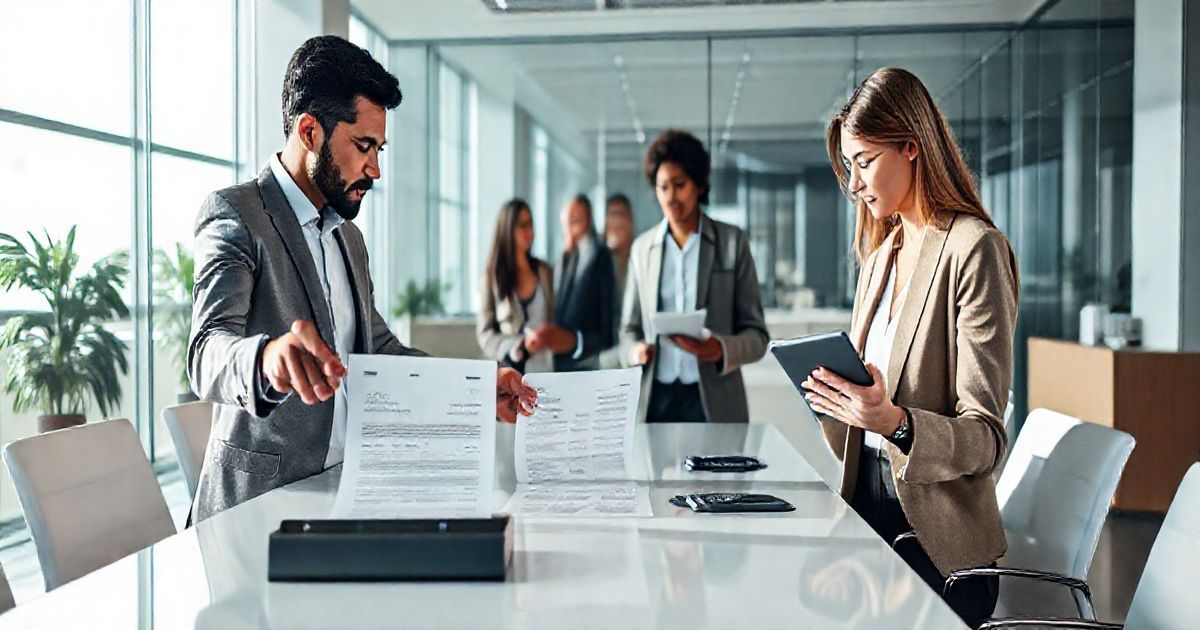 Payroll specialist pointing to a W-2 and loan forgiveness letter while employee reviews payroll tablet at a minimalist conference table