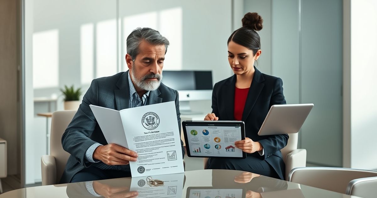 Homeowner and tax attorney review a legal notice and property deed while an advisor shows a tablet with a resolution roadmap in a modern office