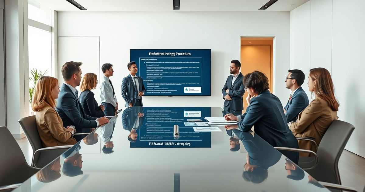 Professionals discussing tax refund intercept with government official in modern office