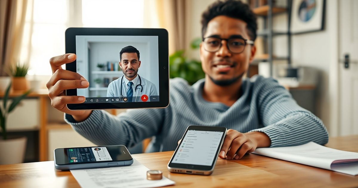 Patient at home holding a tablet with a doctor on screen while an insurance card and blurred billing items sit on a desk illustrating telemedicine coverage and costs
