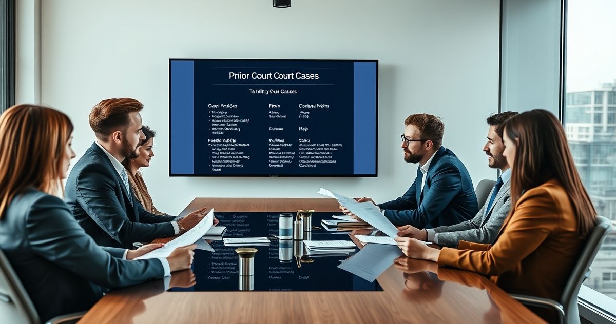 Tax professionals collaboratively analyzing past court decisions in a modern conference room