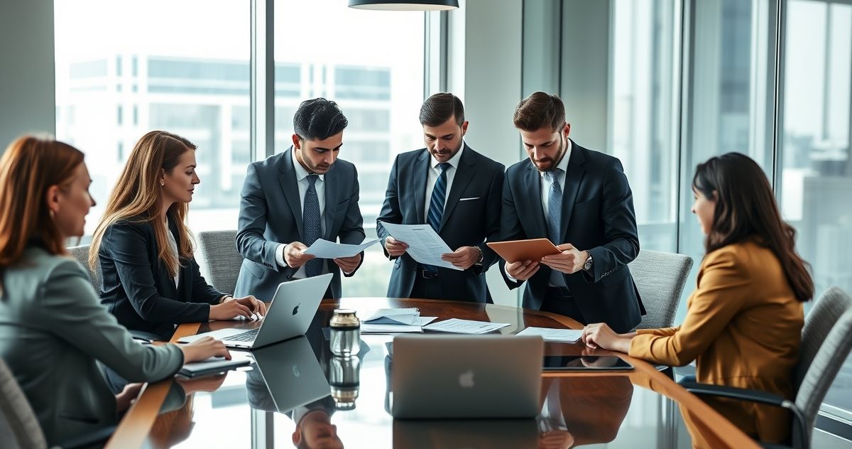 Professionals collaborating in a conference room reviewing financial documents and laptops about partnership tax responsibilities