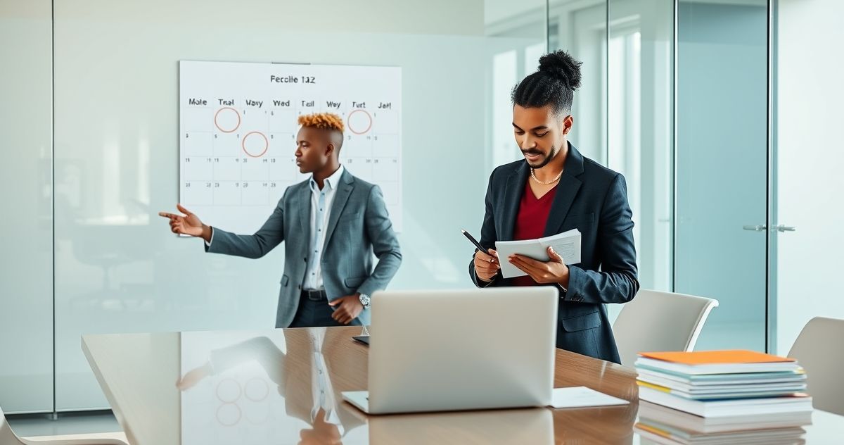 Tax advisor and client in a modern conference room pointing to circled calendar dates while reviewing a tax notice and a laptop timeline