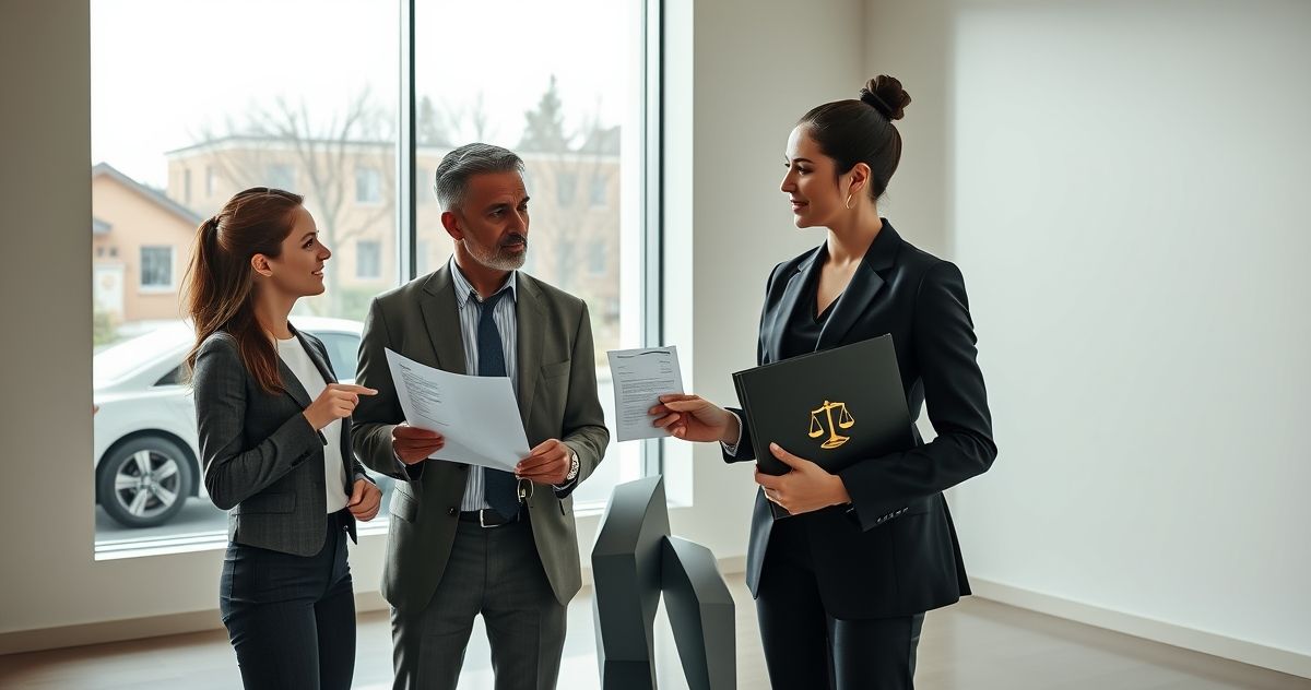 Loan officer pointing to a vehicle title on a table while a borrower listens, car visible outside and an advisor holding a folder with a justice emblem