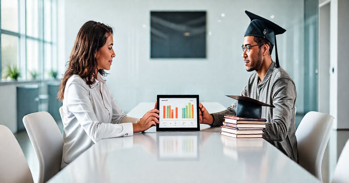 Career counselor and student at a modern conference table comparing trade school tools and college items with a tablet showing side by side cost and earnings charts