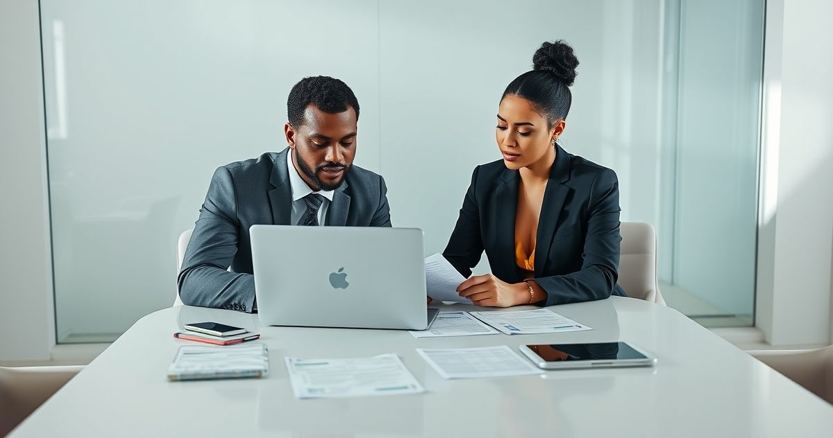 Tax advisor and client at a modern office table looking at a laptop with a paused status icon and organized tax documents while discussing verification steps