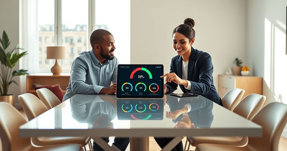 Diverse couple and financial advisor reviewing three visual gauges on a tablet representing savings ratio debt to income and current ratio in a bright home office.