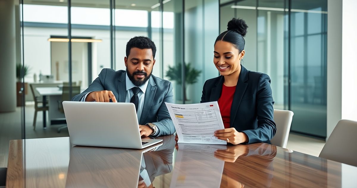 Tax professional and client reviewing a laptop with a highlighted field and red flag while holding a corrected form