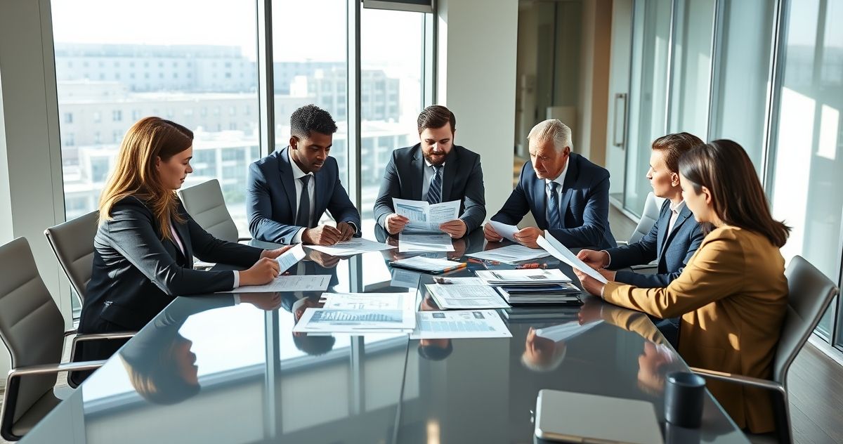 Financial advisors discussing state tax deductions and exemptions with charts and documents in a modern office