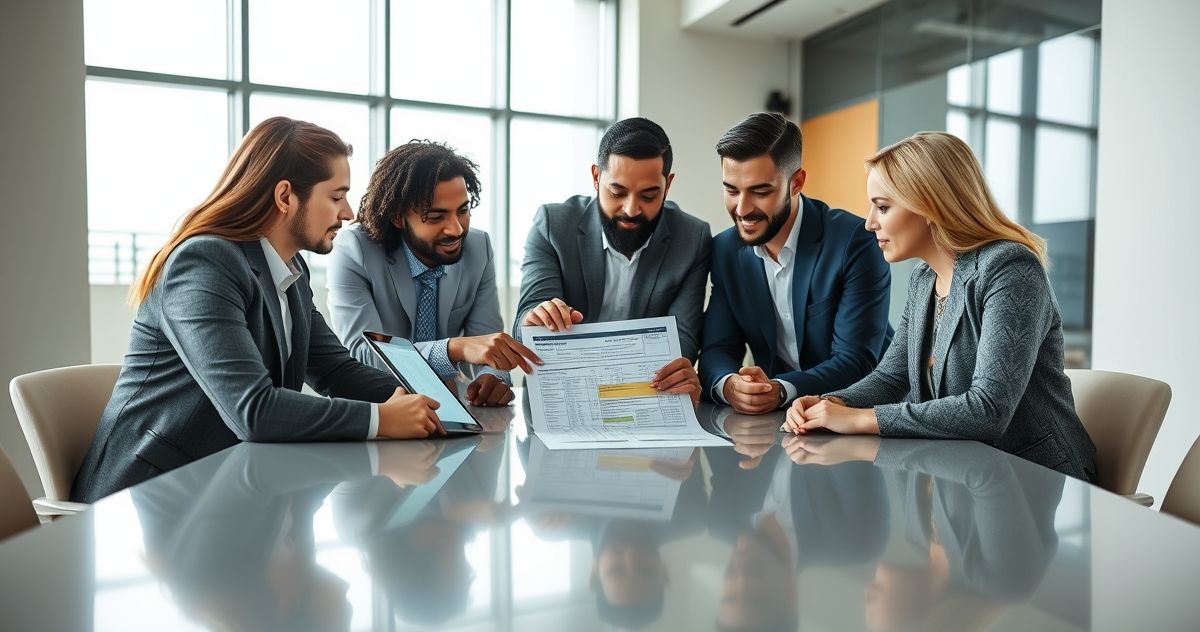 Financial professionals analyzing a tax refund amount on a tablet in a corporate office