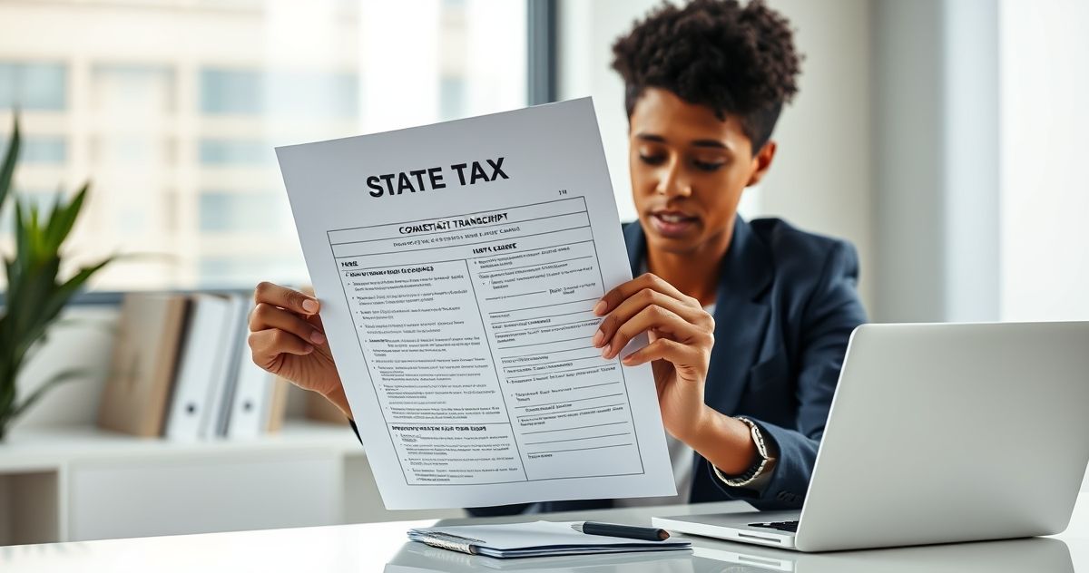A professional reviewing a state tax transcript document at a modern office desk