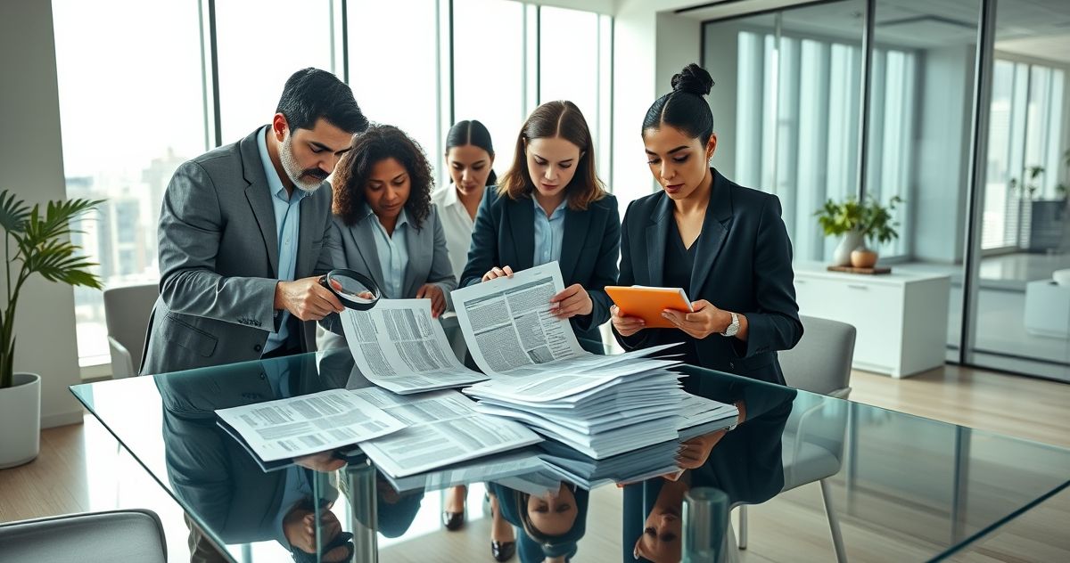 A diverse financial editor inspects printed title sheets with a magnifying glass and a checklist at a minimalist desk in a modern office