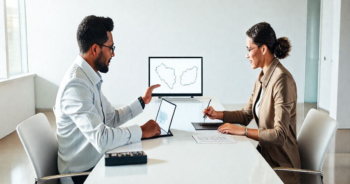 HR payroll specialist and relocated employee at a conference table updating withholding forms with a laptop showing two state outlines and a calculator